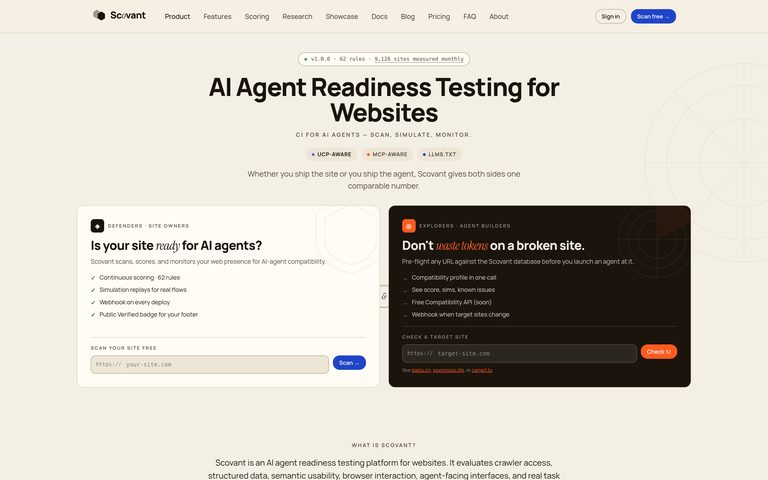 Scovant interface for assessing website compatibility with AI agents